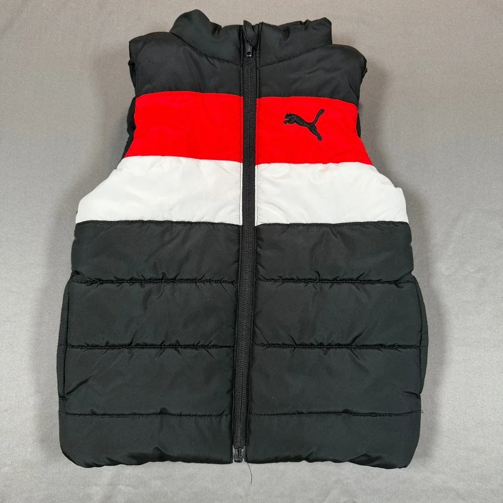 Puma Kids Puffer‎ Vest Black Red White Colorblock Zip Sleeveless 1333175 XXS 3/4